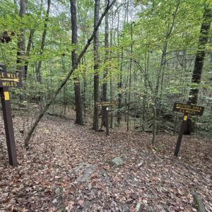 Intersection of three hiking trails and their respective signs